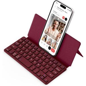 imageCACOE Wireless Keyboard with Stand Mini Keyboard for Cell Phone UltraSlim Portable Foldable DualChannel QWERTY with Stand Holder for Smartphone and More iOS Android Windows GreyWine Red