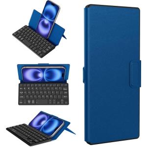 imageCACOE Wireless Keyboard with Stand Mini Keyboard for Cell Phone UltraSlim Portable Foldable DualChannel QWERTY with Stand Holder for Smartphone and More iOS Android Windows Greyblue