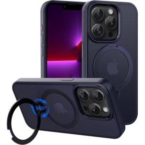imageCACOE Magnetic Case for iPhone 13 Pro 61 inch with 360 Rotatable Ring Stand Compatible with MagSafe Car Phone Mount Cases Cover Phone Holder for Desk MeetingVideosMatte BlackDark Blue