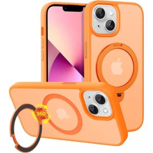 imageCACOE Magnetic Case for iPhone 15 61 inch with 360 Rotatable Ring Stand Compatible with MagSafe Car Phone Mount Cases Cover Phone Holder for Desk MeetingVideos Matte BlackOrange