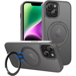 imageCACOE Magnetic Case for iPhone 15 61 inch with 360 Rotatable Ring Stand Compatible with MagSafe Car Phone Mount Cases Cover Phone Holder for Desk MeetingVideos Matte BlackLight Gray