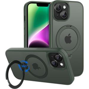 imageCACOE Magnetic Case for iPhone 15 61 inch with 360 Rotatable Ring Stand Compatible with MagSafe Car Phone Mount Cases Cover Phone Holder for Desk MeetingVideos Matte BlackDark Green