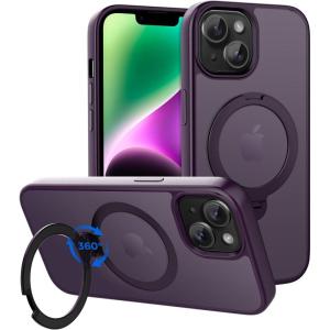imageCACOE Magnetic Case for iPhone 15 61 inch with 360 Rotatable Ring Stand Compatible with MagSafe Car Phone Mount Cases Cover Phone Holder for Desk MeetingVideos Matte BlackDark Purple